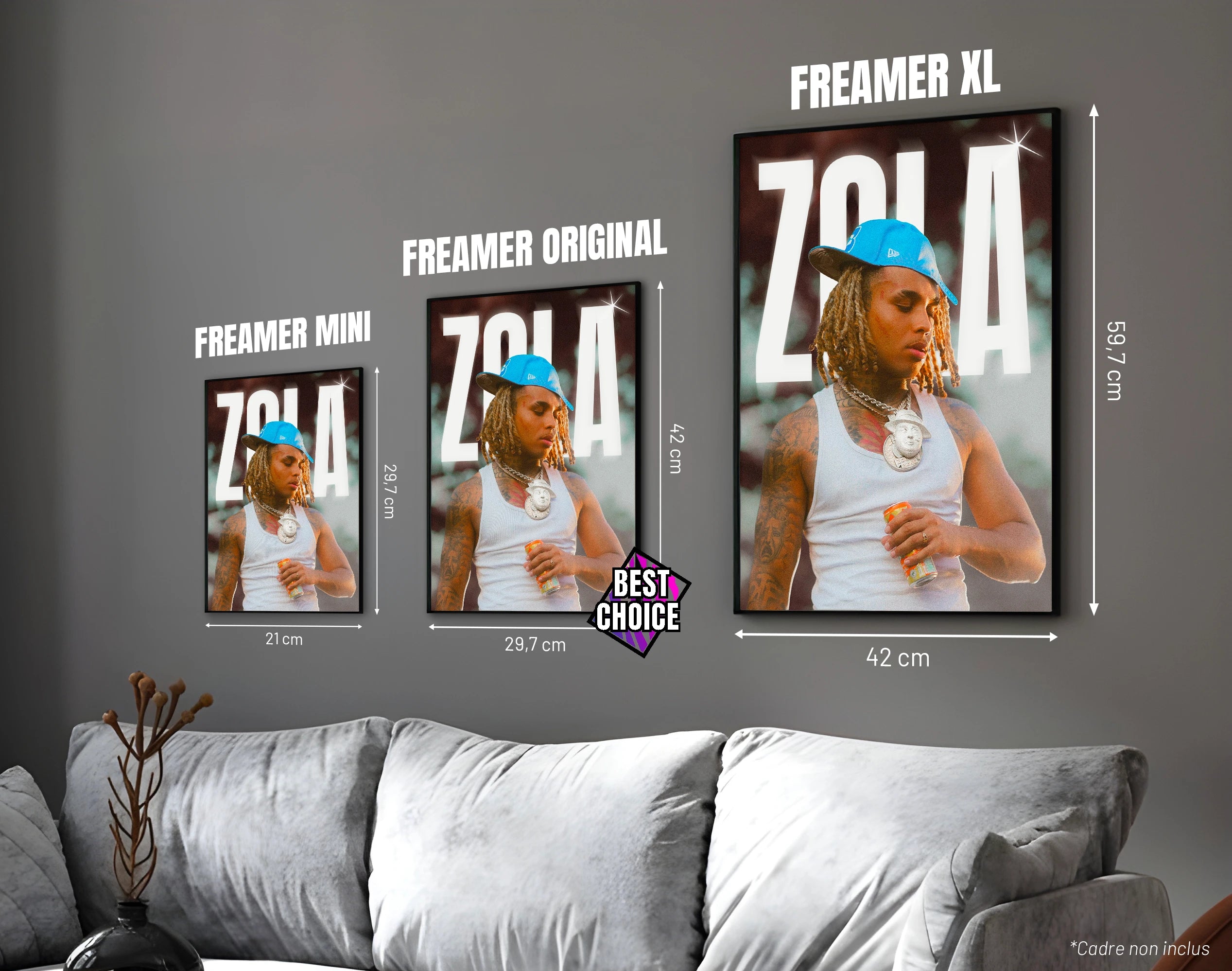 Posters "ZOLA" – ton bleu - formats A4, A3 et A2 dans cadres, comparaison des tailles avec dimensions
