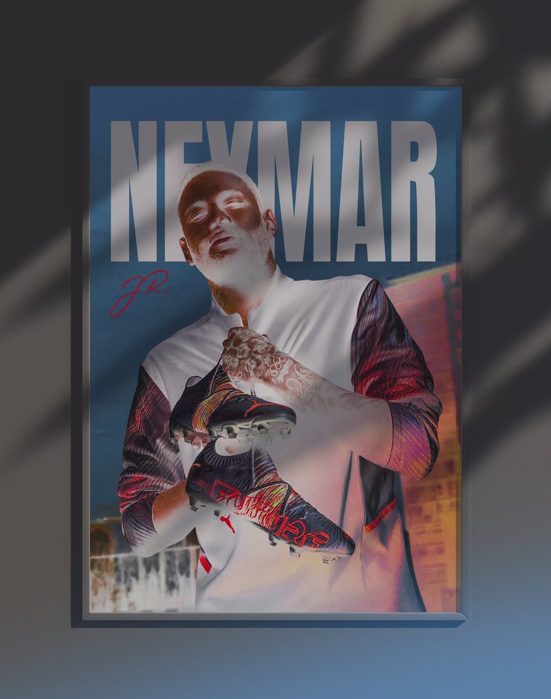 Poster dynamique "NEYMAR JR" – version animée dans cadre, effet vivant, ton bleu, gris et rouge